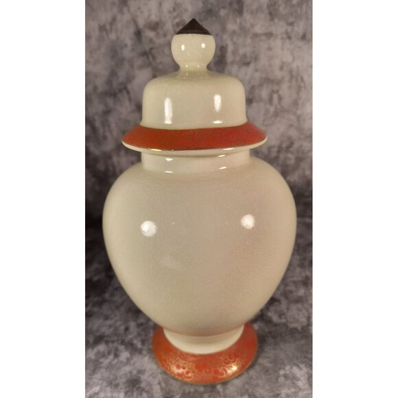 Vintage Japanese Ceramic Ginger Jar W Lid Hand-Painted Floral Design Red & Gold - Picture 3 of 5